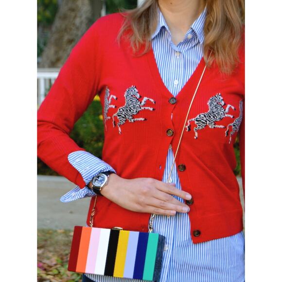 J. Crew Dancing Zebras Red Merino Wool Cardigan Sweater Medium - Picture 2 of 8